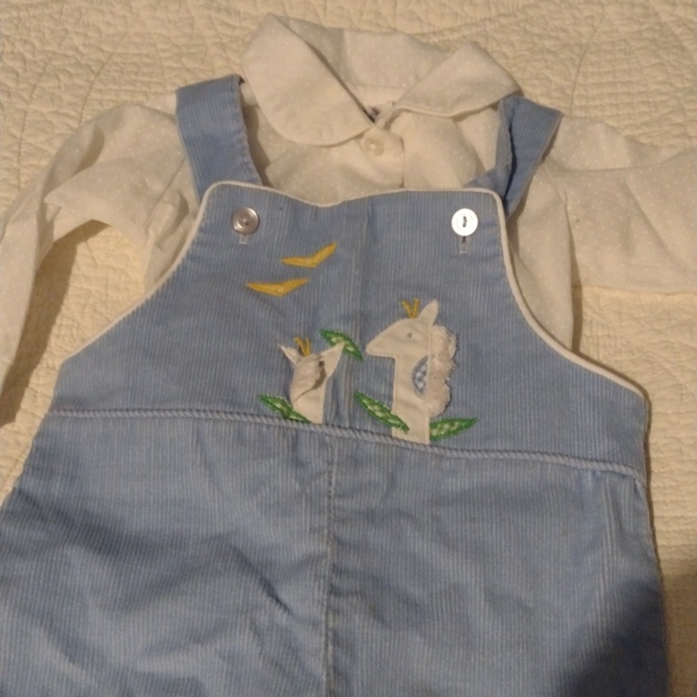 Vintage Blue Embroidered Kids Corduroy Overalls 6/9 month by Thomas